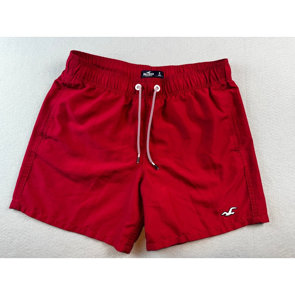 Hollister Mens Red Swim Trunks Embroidered Logo Mesh Lined Board Shorts Small